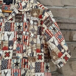 Canyon Guide Outfitters Mens Large Western Americana Flag Longhorn Cotton Shirt